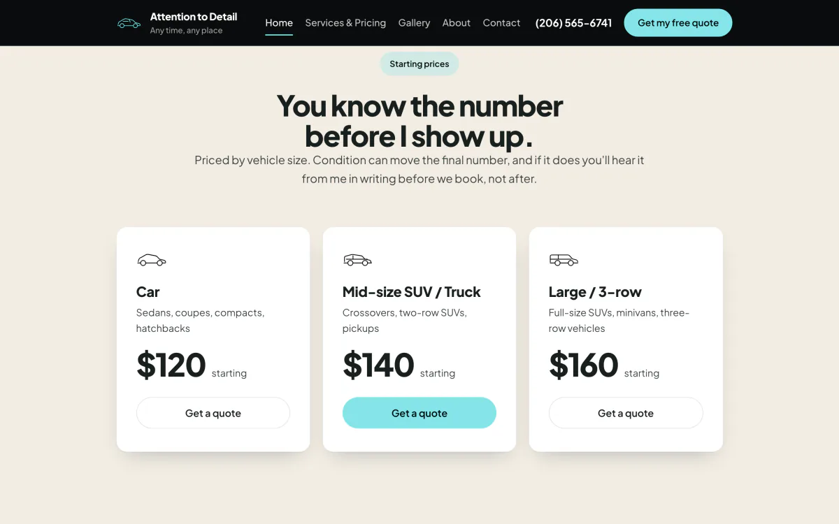 Attention to Detail on a desktop browser: Prices by vehicle size, on the page, not behind a call