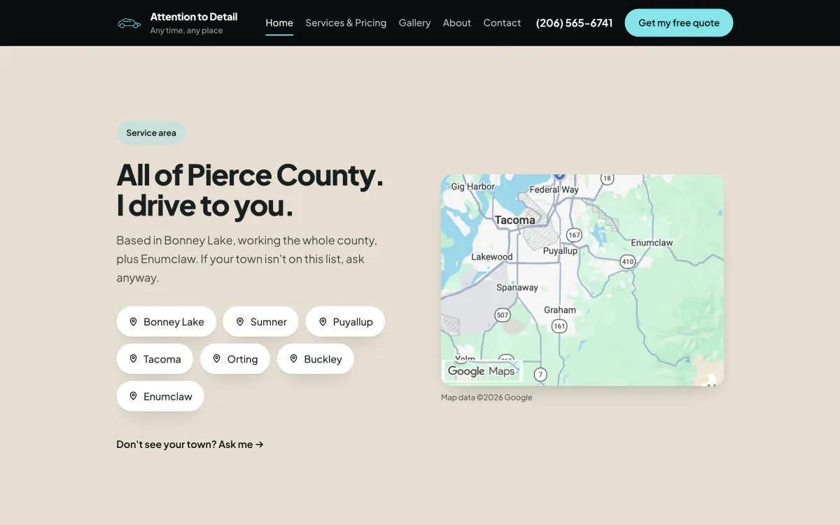 Attention to Detail on a desktop browser: Every town she drives to, named and mapped