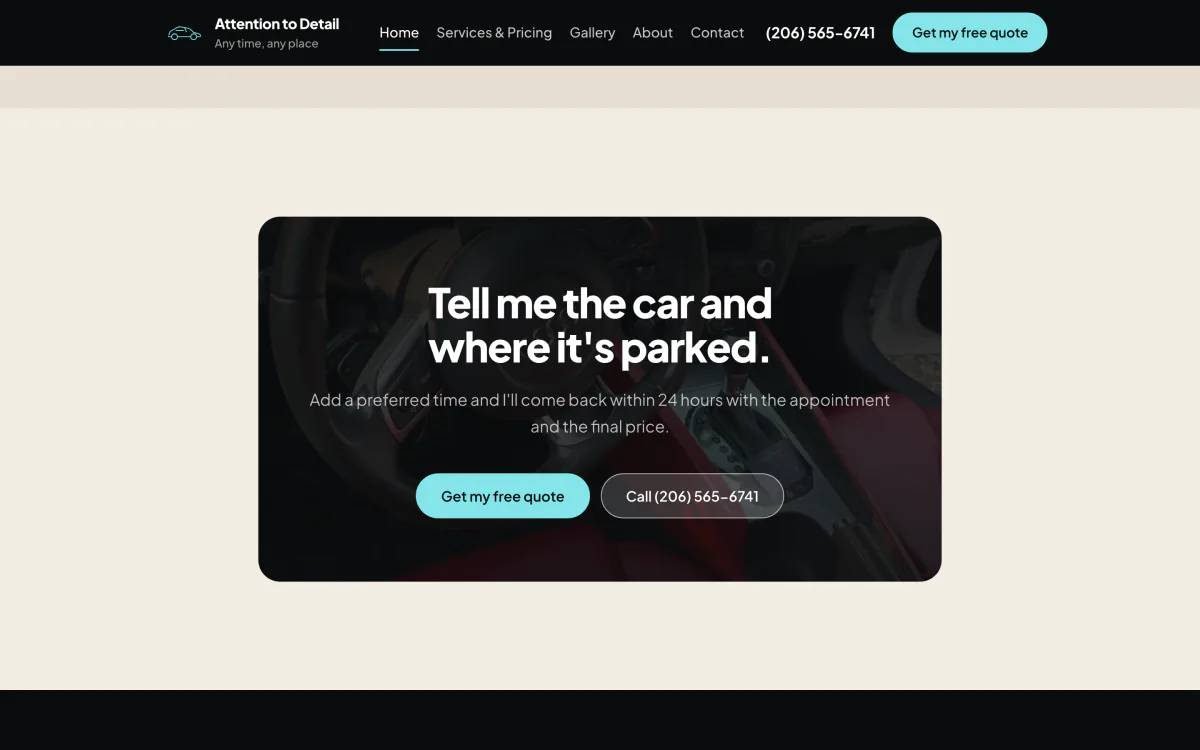 Attention to Detail on a desktop browser: The ask: quote form, tap-to-call, a price back in 24 hours