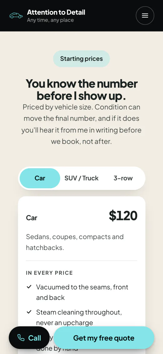 Attention to Detail on a phone: Prices by vehicle size, on the page, not behind a call
