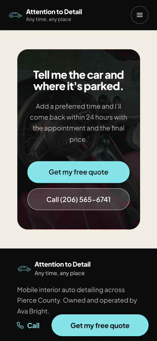 Attention to Detail on a phone: The ask: quote form, tap-to-call, a price back in 24 hours